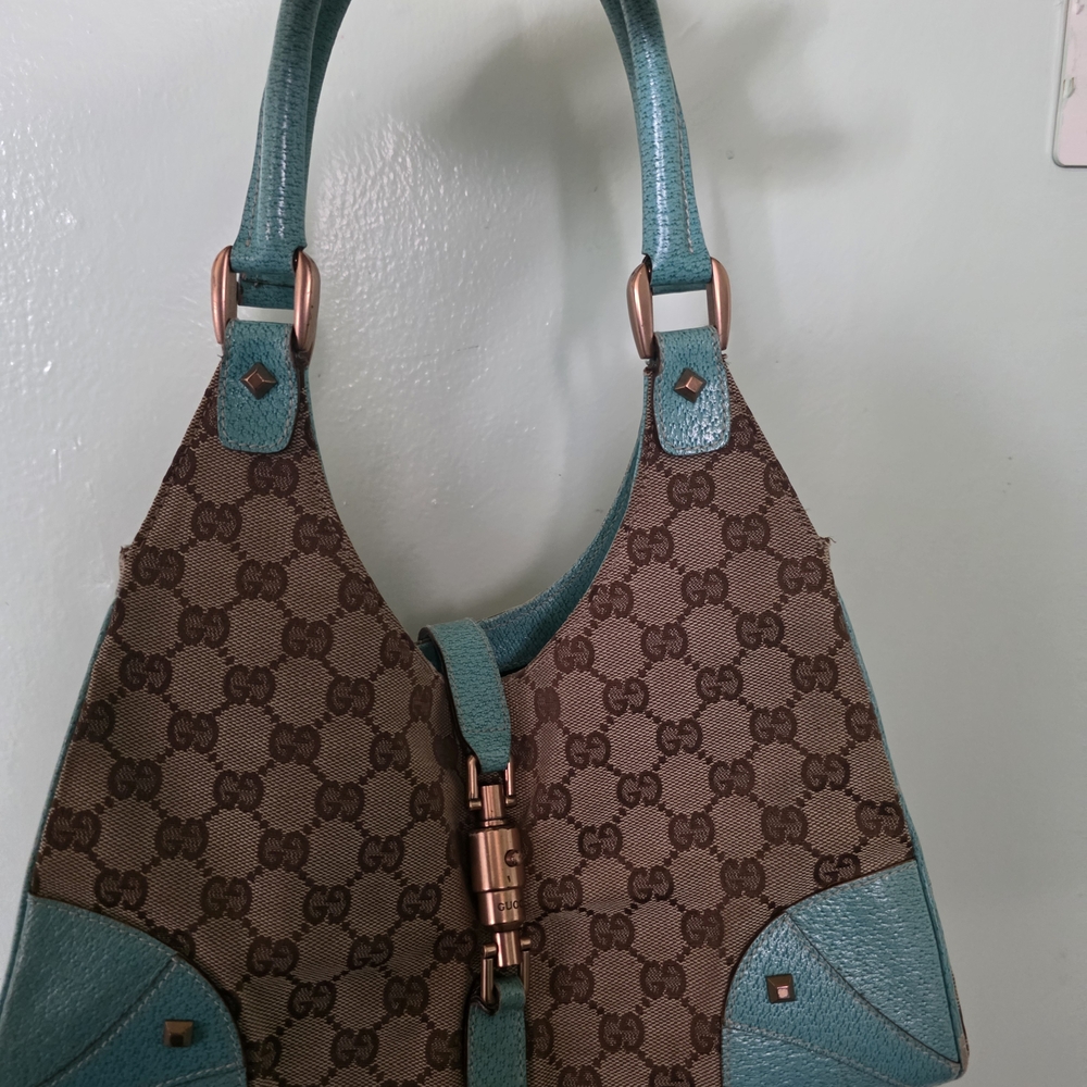 Gucci Brown GG Canvas Shoulder Bag with Teal Leather Trim